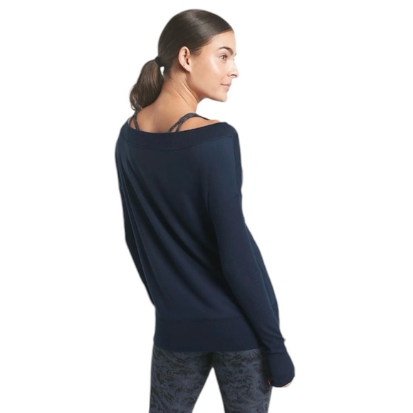 Athleta Studio Barre Sweatshirt Medium Long Sleeve Top Blue Off The Shoulder - Picture 4 of 8